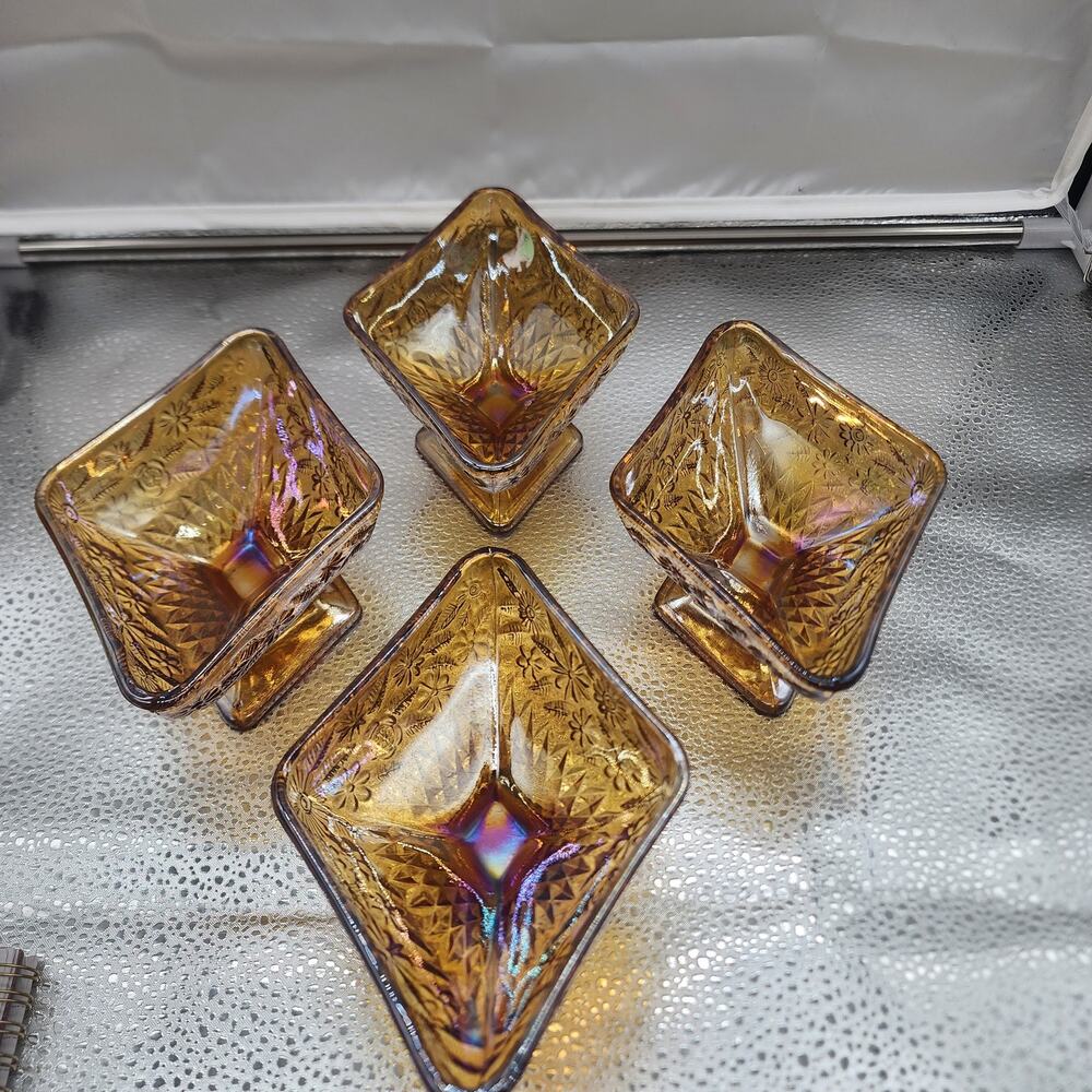 Vintage Indiana Glass Amber Iridescent Carnival Pedestal Diamond Candy DishQty 4